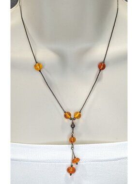 Vintage Amber Bead Necklace With Liquid Silver Chain & Drop Pendant